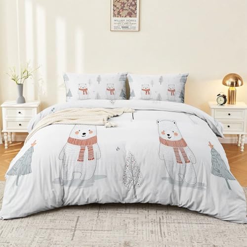 Aesthetic Duvet Cover Set White - Single 3-Piece Double-Sided Printed Bedding with Minimalist Bear Cartoon Design, Ultra-Soft Microfiber Quilt Cover with Zipper for a Calm Generic