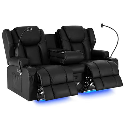 FACAAJ SPO Power Recliner Loveseat for Living Room, Loveseat Sofa with Center Console, USB Type-C Port, Leather Chair with Massage and Heat, Speaker Oversized Recliner Chair for Home Theater (Black)