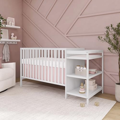Dream On Me Synergy 3-in-1 Convertible Full-Size Baby Crib & Changer, White, Open Storage, GreenGuard Gold & JPMA, Pinewood, Converts to Day & Toddler Bed, 4 Mattress Heights, 1″ Changing Pad,
