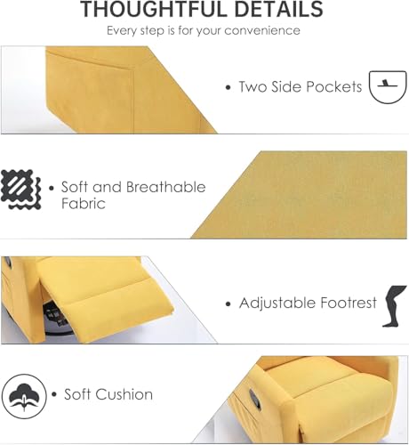 360° Swivel Rocker Recliner Chair for Small Spaces, Manual Recliner with Side Pockets for Petite Adults, Small Rocker Recliner for Living Room, Bedroom - Yellow