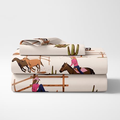 Sweet Jojo Designs Western Cowgirl Girl Twin Sheets Set Single Size Bed Flat Fitted Sheet Pillow Case Kid Childrens Teenager Bedding 3p Wild West Vintage Country Retro Animal Southwest Brown Pink Blue Sweet Jojo Designs