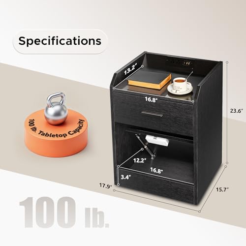 Lazzanto Nightstand with Hidden Drawer & Charging Station, Modern Bedside Table with Storage Drawer and Hidden Compartment, for Bedroom, AC Outlets, USB-A & USB-C Ports, Black Lazzanto