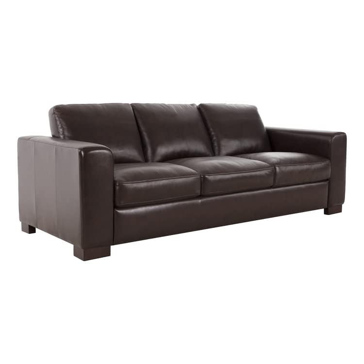 Naomi Home Freya Genuine Leather Sofa - Luxurious Comfort, Goose Feather Cushion Filling, Square Arm Design, Sturdy Block Legs, Elegant Espresso - Ideal for Living Room, Office, or Bedroom Naomi Home