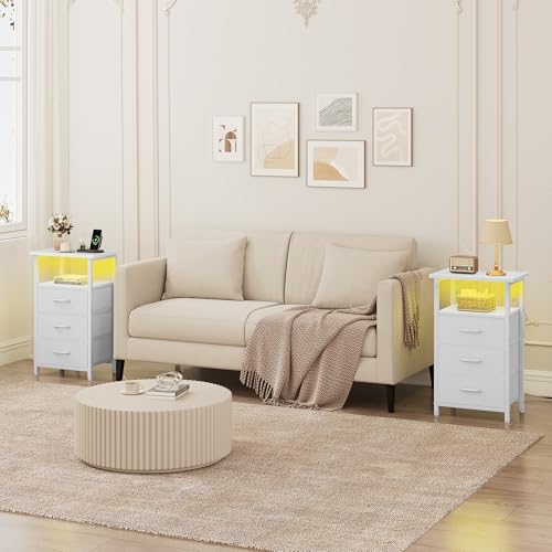Vagusicc Night stand Set 2 with Charging Station, LED Nightstand for Bedroom, White Bedside Table with 3 Fabric Drawer, End Table Side Table with USB Ports & Outlets, Bed Side Table for Bedroom, White Vagusicc