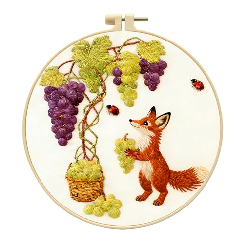Zhenqing Fox and Grape Vine Embroidery Kit for Beginners, Pre-Printed 29x29cm Circular Cotton Fabric with 20cm Hoop, Whimsical Garden Scene (C0223)