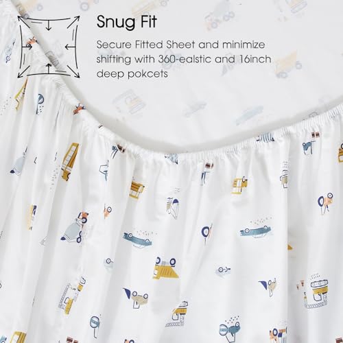 Ivellow Twin Sheets Set Kids 100% Natural Cotton Sheets Soft Breathable Durable Lightweight Crispy Percale Bed Sheets 16" Deep Pocket Excavator Car Patterned Kids Twin Bedding Dorm Essentials Ivellow