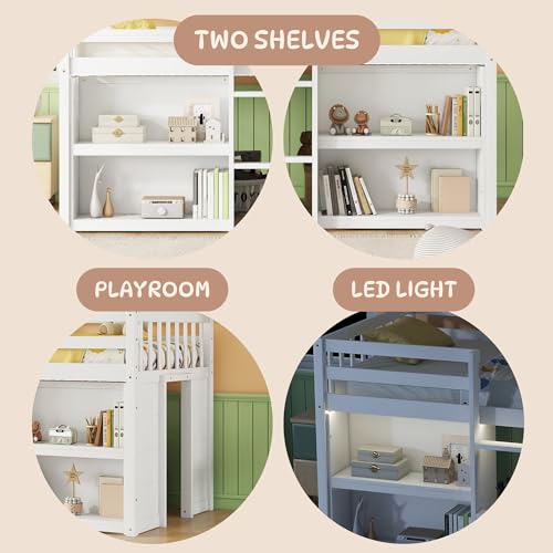 Softsea Twin Low Loft Bed with 2-Tier Shelves & LED Light in White SOFTSEA