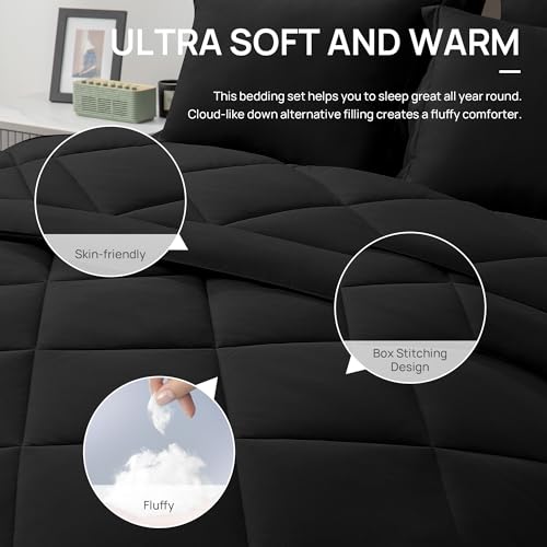 Love's cabin Twin Comforter Set Black, 5 Pieces Twin Bed in a Bag, All Season Bedding Sets with 1 Comforter, 1 Flat Sheet, 1 Fitted Sheet, 1 Pillowcase and 1 Pillow Sham Love's cabin