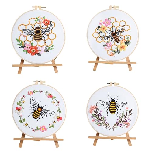 Huacan Embroidery Kits for Adults Beginner 4 Pcs Stamped Bees Honey Pattern Stitching DIY Sewing Kit 7.9 x 7.9 Inch