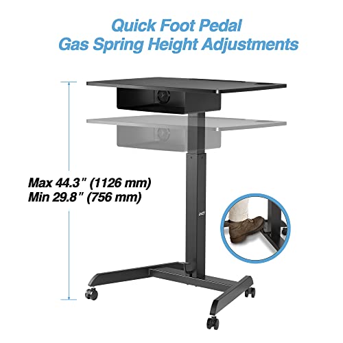 AVLT 44" Height Adjustable Foot Pedal Rolling Desk with Shelf (3 ft 8 inches) - Pneumatic Laptop Standing Desk Cart - Mobile Laptop Cart - Black Computer Projector Cart with Brake Casters AVLT