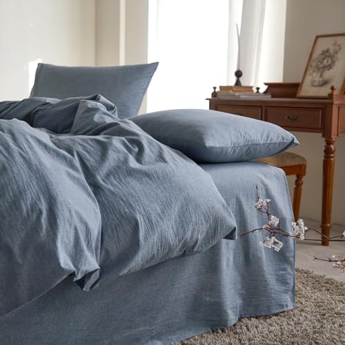 Wake In Cloud - Cotton Duvet Cover Set, Full Size, Chambray Denim Blue, 100% Washed Cotton, Linen Like Textured, Breathable Percale Durable Comfy Farmhouse Neutral Bedding Set, 3 Pieces Wake In Cloud