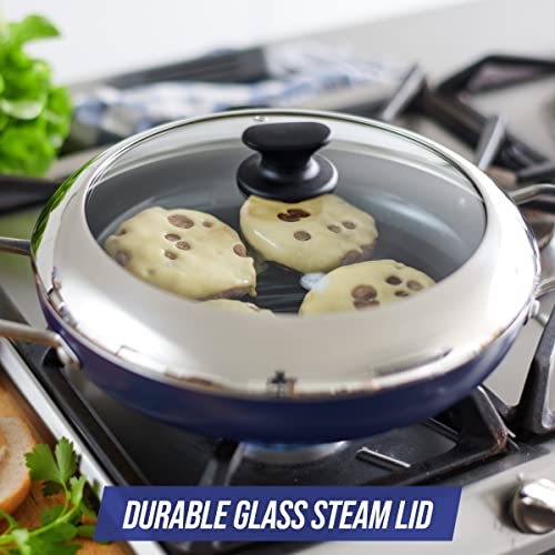 Blue Diamond 11" Grill Genie Pan, Diamond Infused Ceramic Nonstick with Lid, PFOA and PFAS-Free, Dishwasher & Oven Safe, Durable Cookware for Indoor Grilling, Searing, Versatile Cooking, Blue Blue Diamond