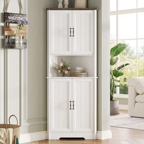 Vabches Tall Corner Cabinet, Corner Bathroom Cabinet, 67" Farmhouse Storage Cabinet with 4 Doors and Adjustable Shelves, Home Space Saver for Bathroom, Kitchen, Living Room, Pantry, White Vabches