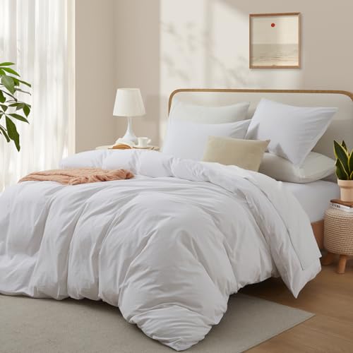 White Duvet Cover Full Size, 100% Washed Cotton Linen Like Bedding Set with Zipper Closure (No Comforter), 80x90 Inches LOVQUE