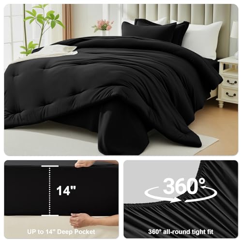 Easthome Queen Comforter Set 7 Piece - Black Soft Bed in a Bag Queen Size Comforter Sets, Cozy Luxury Bedding Sets with Down Alternative Comforter, Flat Sheet, Fitted Sheet, 2 Pillowcases & 2 Shams Easthome