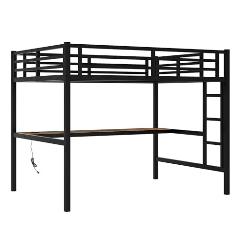 Bellemave Full Loft Bed with Desk and LED, Metal Full Loft BedFrame with guardrail and Ladder for Adults, Kids, Teens, Black Bellemave