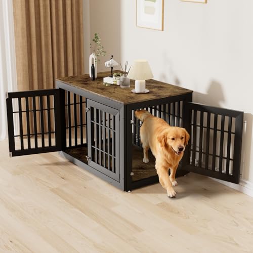 HMHTCT 48 Inch Heavy-Duty Dog Crate Furniture, Decorative Wooden End Table Kennel with Waterproof Top & Wide Metal Tubes, for Large & Extra Large Dogs, Black + Rustic Brown HMHTCT