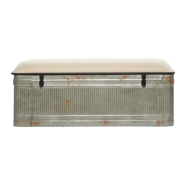Deco 79 Metal Room Storage Bench Galvanized Entryway Bench with Cream Burlap Top, Bench 50" x 16" x 18", Gray Deco 79