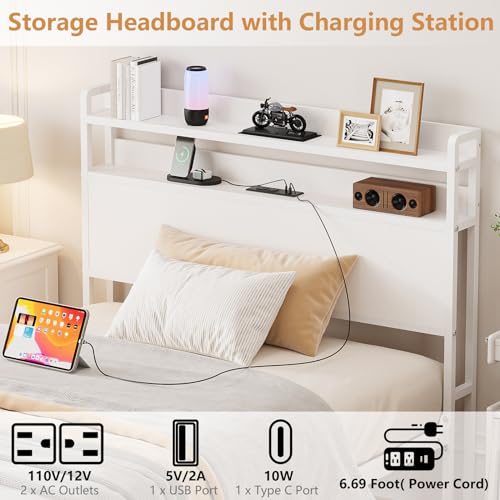 Elephance Twin Bed Frames with Charging Station and LED Lights, Metal Bed Frame with 2-Tier Storage Headboard, No Box Spring Needed, Noise Free, Easy Assembly Elephance