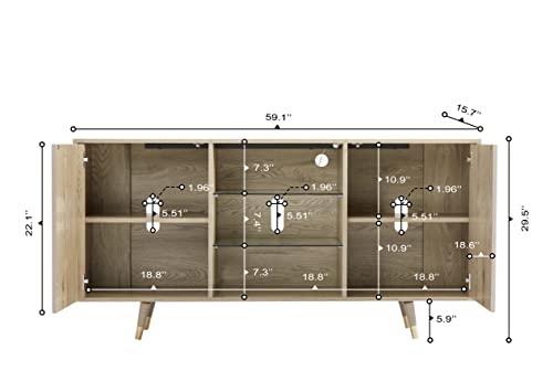 roomfitters Mid Century Modern TV Stand with Storage, Entertainment Center with LED Lights, Sideboard Credenza Buffect Cabinet, Media Console for Living Room (Geometric Grey, Gold Inlayed) roomfitters
