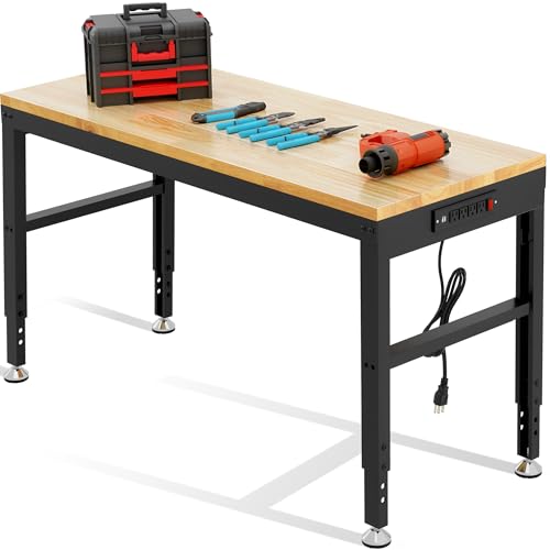 Antifir 48" Heavy Duty Workbench 1800 Lbs Capacity Solid Wood Working Bench Adjustable Height Work Tables with Power Outlets for Garage Shop Home Office Antifir