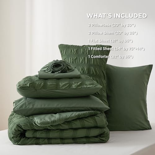 Bedsure Bed in a Bag Full - 7 Pieces Plaid Seersucker Bedding Comforter Sets, Soft Lightweight Olive Green Boho Bed Set with Comforters Full Size, Sheets, Pillowcases & Shams Bedsure