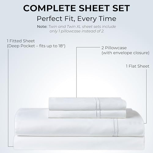 Mayil Manor 100% Natural Cotton Sheets Queen Size Bed Set | 500 TC Single-Ply Sateen Weave | Soft, Breathable, Hypoallergenic Solid 4-Piece Bedding with Deep Pocket Fitted, Flat, Pillowcase | White Mayil Manor