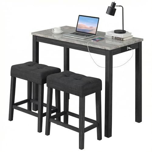 COSTWAY 3-Piece Bar Table Set with Charging Station, Modern Counter Height Breakfast Table w/Faux Marble Top & 2 Padded Stools, Wooden Console Table Set for Living Room, Kitchen, Dining Room (Gray) COSTWAY