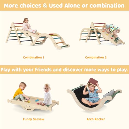 BIERUM 8 in 1 Montessori Pikler Triangle Set with Soft Cushion, Foldable Toddler Climbing Toys with Ramp for Sliding or Climbing, Wooden Jungle Gym, Indoor Playground for Toddlers and Kids, Rainbow BIERUM