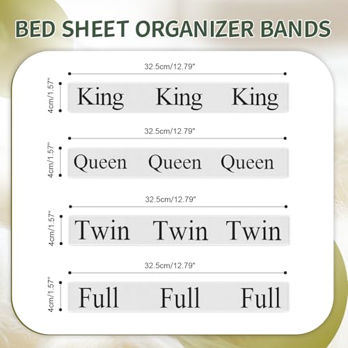 Meatykui 4 Pieces Bed Sheet Organizer and Storage Size Label Bands, Elastic Linen Labels for Bed Sheet Sets, Elastic Bedding Bands for Organizing The Linen Closet(Full 4Pcs) Meatykui