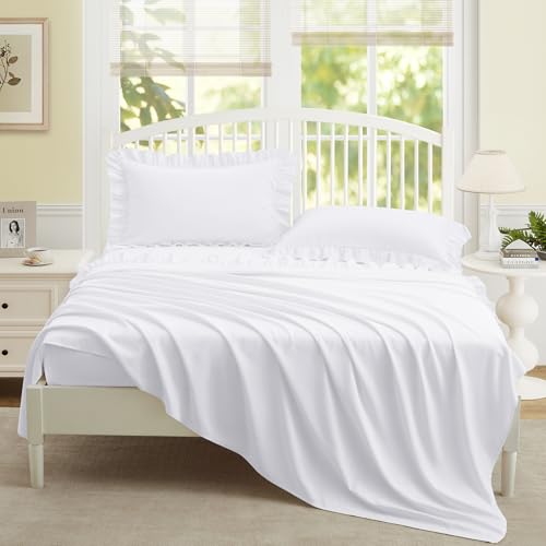 Yvrcen 4 Pieces Ruffle Full Sheet Set, White Bed Sheets Full Size, Microfiber Coquette White Sheets with 16 Inch Deep Pocket Fitted Sheet, 1 Ruffled Flat Sheet & 2 Ruffled Pillow Shams Yvrcen