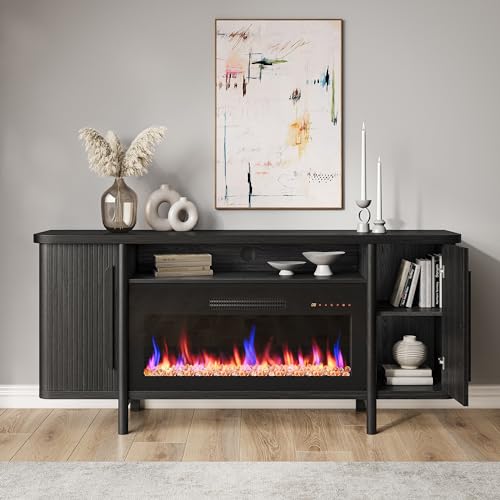 BELLEZE 66" TV Stand with 36" Electric Fireplace, Wood Console Table for TVs up to 75 Inches, Entertainment Center with Storage Cabinets for Living Room, Bedroom - Portman (Espresso Black) BELLEZE