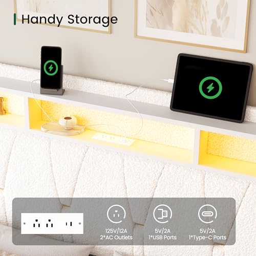 LARMACE Queen Size Bed Frame with 4 Storage Drawers and Boucle Headboard Upholstered Platform Bed Frame with LED Lights & Charging Station,Easy Assembly/No Box Spring Needed,White LARMACE