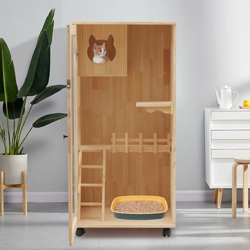 Catio Outdoor Cat Enclosure - 47.24" Large Wooden Cat House with Wheels, Multi-Level New Zealand Pine Wood (0.6" Thick) w/Clear Door for Indoor Use Nwkxnrt