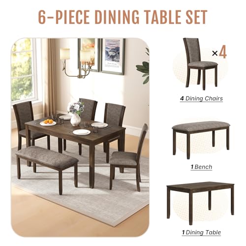 Zevemomo 6-Piece Solid Wood Dining Table Set, Including 1 Dining Table, 4 Upholstered Chairs and 1 Bench, Farmhouse Wooden Legs Dining Table Set for Living Room, Kitchen, Dark Walnut Zevemomo