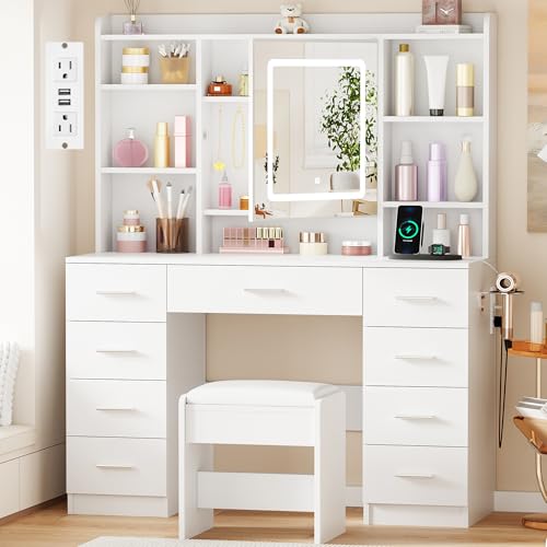BEWISHOME Vanity Desk with Mirror and Lights, Makeup Vanity Table with Power Outlet,Stool Vanity Table with 9 Drawers 6 Storage Shelves Jewelry Storage,Dressing Table for Bedroom Girls White FST36W BEWISHOME