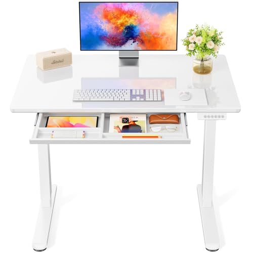 Marsail Glass Electric Standing Desk with Drawer, 40 x 24 Inches Height-Adjustable Desk, One-Piece Tempered Glass Top, Ergonomic Home Office Sit Stand Desk with 4 Preset Heights, White Marsail