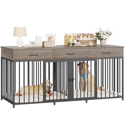 HOSTACK Double Dog Crates Furniture, 71" Wide Indoor Dog Kennel with 3 Drawers, Farmhouse Dog Cage for 2 Large/Medium Dogs, Heavy Duty Dog Crate with Removable Divider, Wooden Pet House, Ash Grey