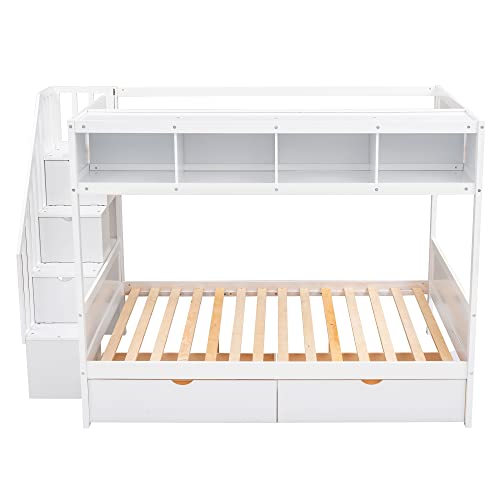 Harper & Bright Designs Twin Over Full Bunk Bed with Storage Shelves, Stairs, Solid Wood Staiway Bunk Bed Frame with 2 Drawers, for Kids Teens Adults (White) Harper & Bright Designs