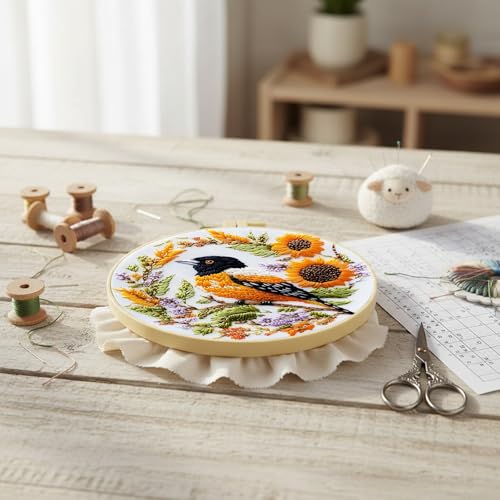 FRANDEK DIY Bird Embroidery Kit for Beginner, Stamped Handicraft Needlework Set, Full Thread Palette with Needles & Fabric for Adults, Artisan Handmade Home Decor Gift