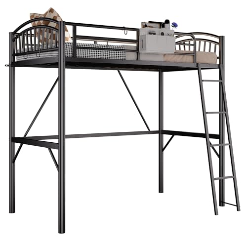 Decofy Metal Loft Bed Twin Size, Twin Loft Bed with Bedside Caddy, Convertible Ladder & Full-Length Guardrails, Space-Saving & Noise Free Design, No Box Spring Needed, Loftbed Frame for Teens Adults Decofy