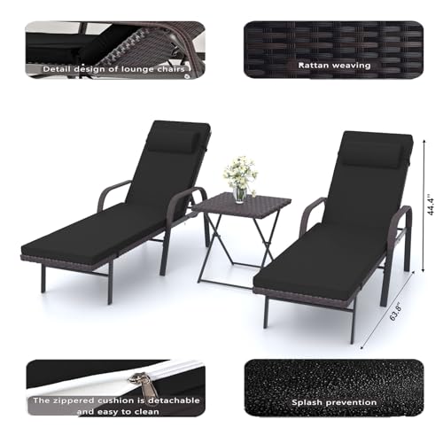 ASJMR Patio Chaise Lounge Set 3 Pieces Outdoor Lounge Chair with Rattan Adjustable Backrest Armrest and Folding Table for Beach Patio,Sand, for Poolside Backyard Porch