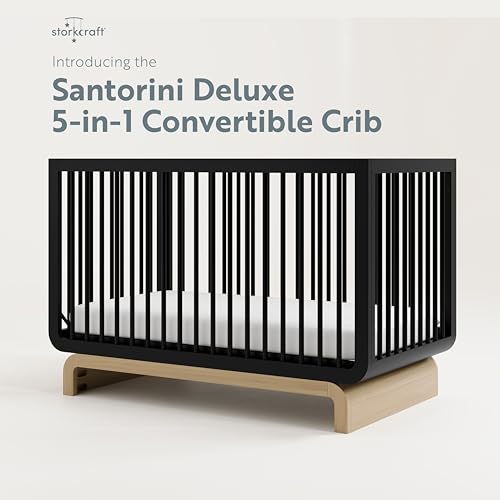Storkcraft Santorini Deluxe 5-in-1 Convertible Crib with Bonus Toddler Guardrail (Black with Driftwood) – GREENGUARD Gold Certified, Toddler Guardrail Included in Box, Fits Standard Crib Mattress Storkcraft