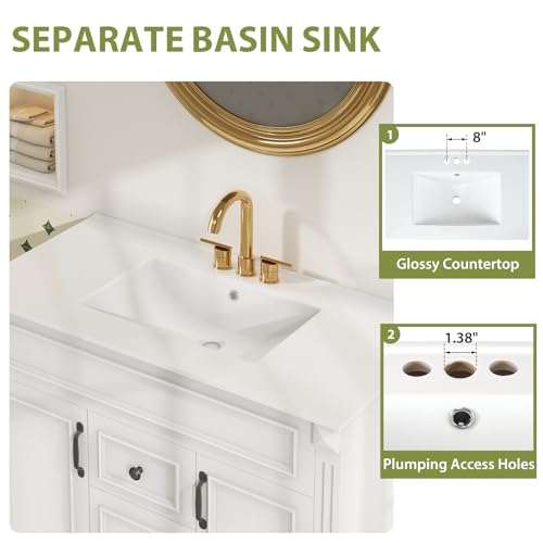 Sweetcrispy 36" Bathroom Vanity with Sink, Bathroom Storage Vanity Sink with 2 Doors& 2 Drawers, Farmhouse Wooden Free Standing Bathroom Cabinet with Sink, Easy Assembly, NO Mirror Faucet (White) Sweetcrispy
