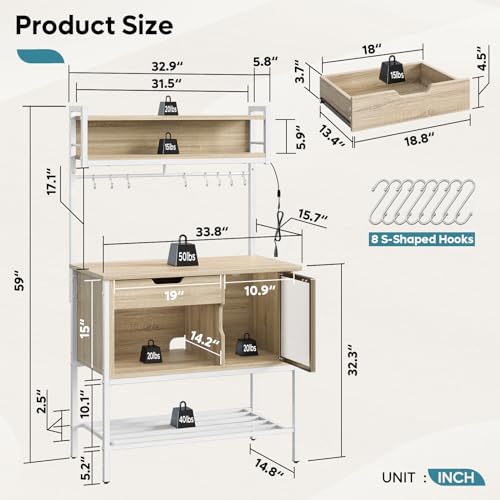 Bestier 6-Tier LED Bakers Rack with Storage & Hooks - Multifunctional Oak Stand Bestier