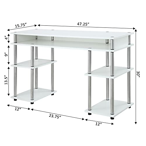 Convenience Concepts Designs2Go No Tools Desk Home Office Desk with Shelves, Corner Shelf Vanity Desk Computer Desk Nail Table for Nail Tech - 47.25" L x 15.75" W x 30" H, White Convenience Concepts