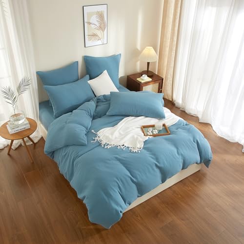 100% Cotton Muslin Duvet Cover Set Queen Size Turquoise Blue, Ultra Soft Breathable Absorbent Gauze Bedding Duvet Cover, Luxurious Minimalist Natural Wrinkle Linen Textured Comforter Cover 90" x 90" YASMENG