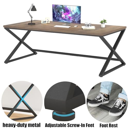 IBF Wood Large Computer Desk, 70.8” Long Home Office Desk for two Person, Farmhouse Work Study Writing Table in Bedroom, Simple Wide Metal Executive Double PC Gaming Workstation, Rustic Oak IBF