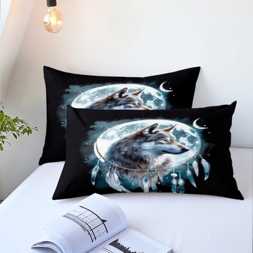 CCoutueChen Wolf Comforter Set King Size, Wolves Moon Bedding Set, Dream Catcher & Animal Pattern on Black Bedding, Western Boho Tribal Comforter Soft Microfiber Down Quilt 3 Pieces CCoutueChen
