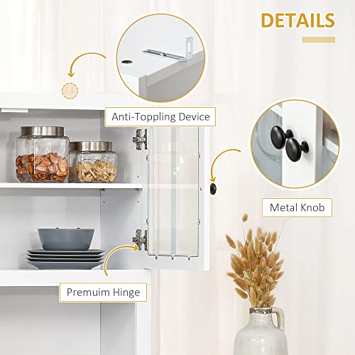HOMCOM Kitchen Hutch, Pantry Cabinet with Glass Framed Door, Adjustable Shelves and Microwave Space for Dining Room, White HOMCOM